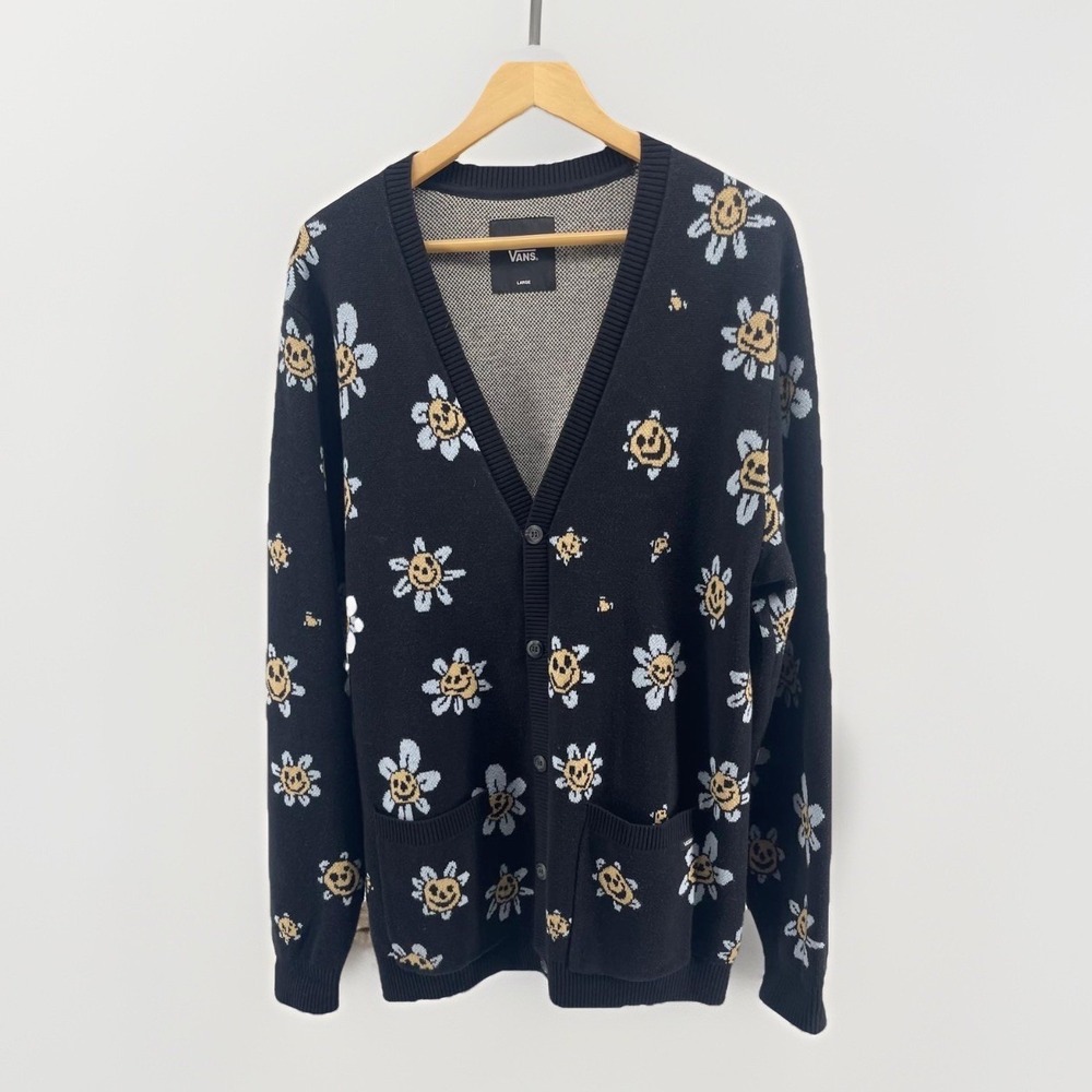 Vans Cardigan Sweater Large Black Smiley Flower Button Front Pockets